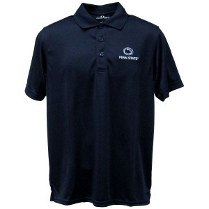 navy polo shirt with embroidered Penn State under Athletic Logo on left chest